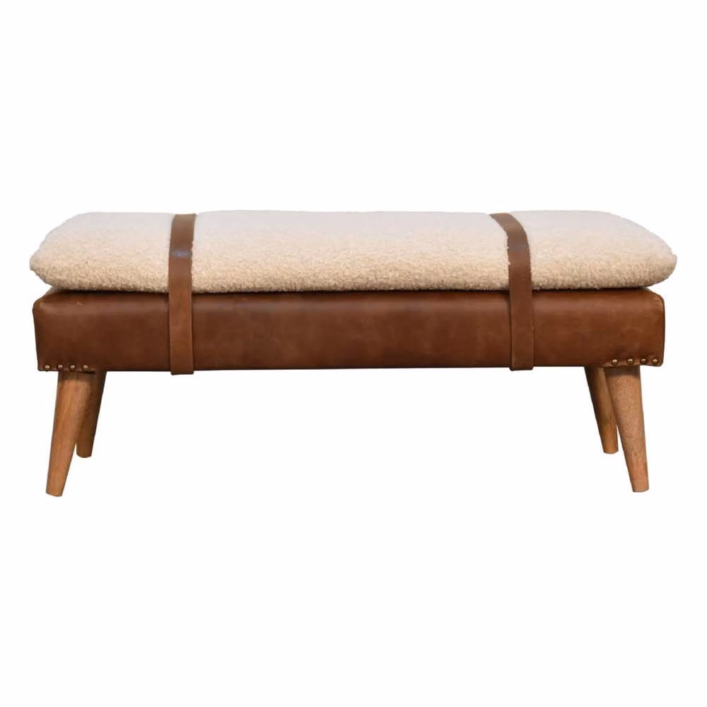 Wyld Haus Alghero Bouclé Bench with Buffalo Leather Strap and Oak Legs in Brown and Beige – 2