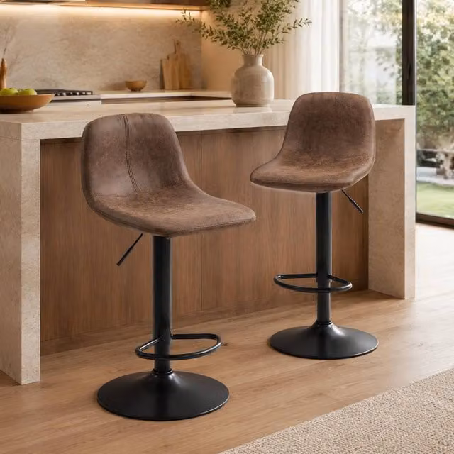 STILVORA Set of 2 Brown Synthetic Leather Bar Stools with Swivel and Adjustable Height – 1