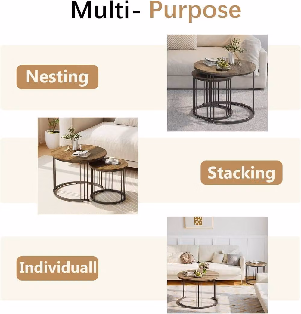 Huhote Set of 2 Round Nesting Coffee and Side Tables with Brown Wood Tops and Metal Frames – 4