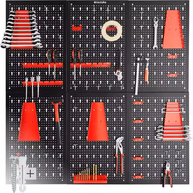 tectake Jonah Steel Tool Pegboard with Hooks and Holders, Black and Red, W: 240 cm