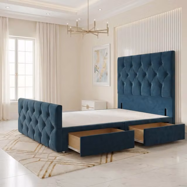 Somnior Beds Ltd Chesterfield Velvet Divan Bed Base with Drawers and Floor Standing Headboard and Footboard, Blue, W/D/H: 120 x 190 cm