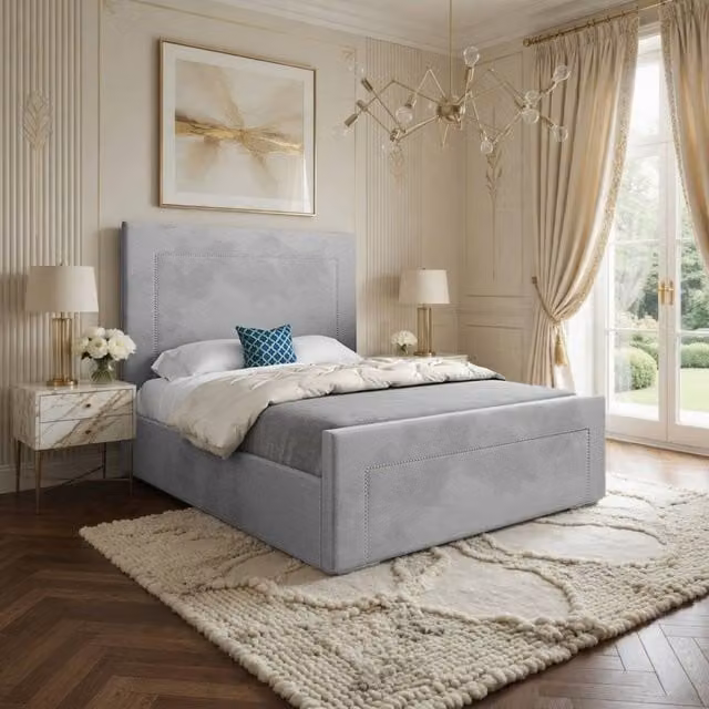 KDMD Macclesfield Upholstered Grey Velvet Designer Bed Frame, W/D/H: 90 x 200 x 137 cm