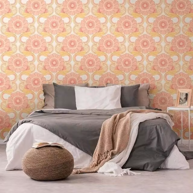 A.S. Création Retro 70s Floral Botanical Wallpaper in Pink and Yellow