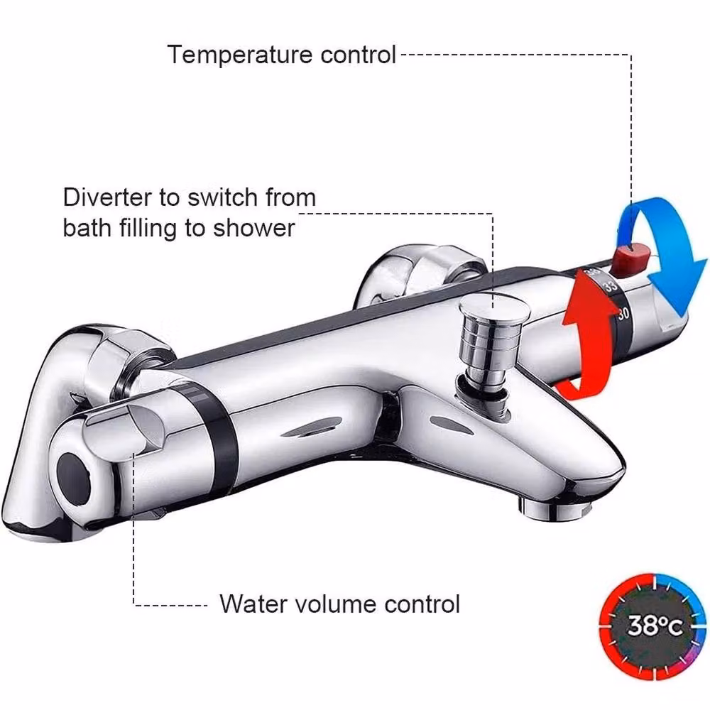 FLAVORA Modern Thermostatic Bath Shower Mixer Tap in Silver Chrome – 2