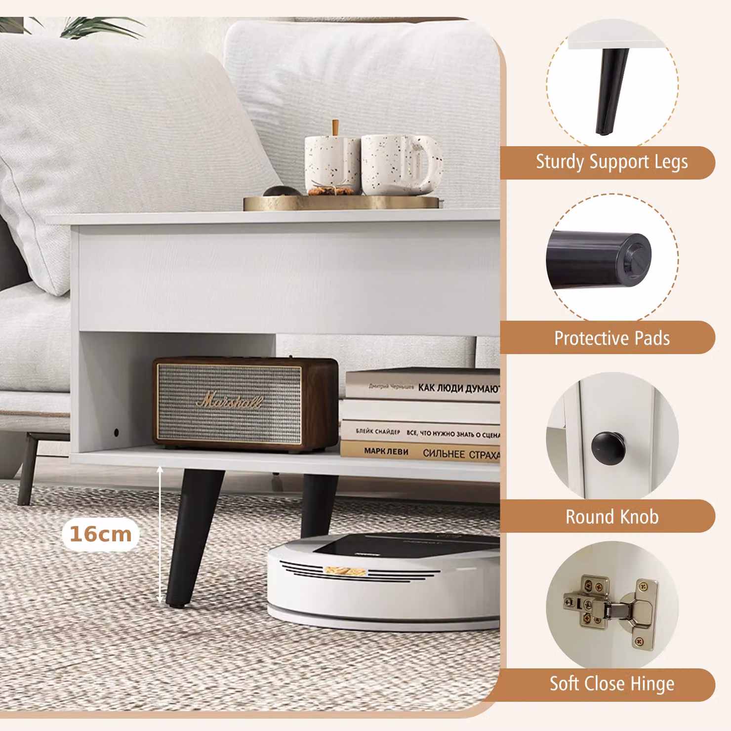 Costway Modern Rectangular Lift Top Coffee Table with Storage in White – 4