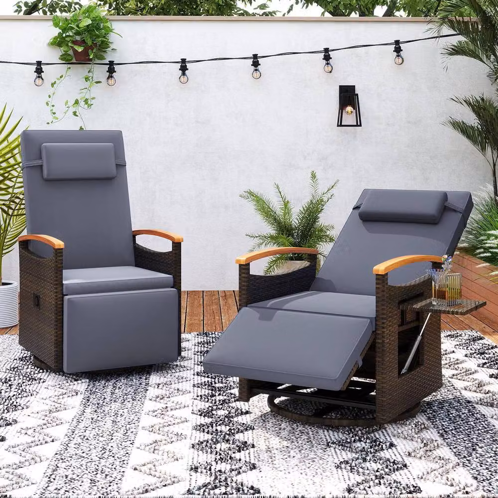 Gymax 360 Swivel Wicker Lounge Chair with Flip Side Table and Gas Spring Recline in Grey – 9