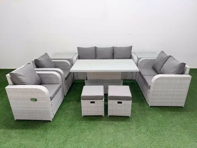 Fimous Grey PE Rattan Garden Furniture Set with Upholstered Cushions, 3 Seater Sofa, 2 Seater Sofa, Armchair, Ottoman and Coffee Table