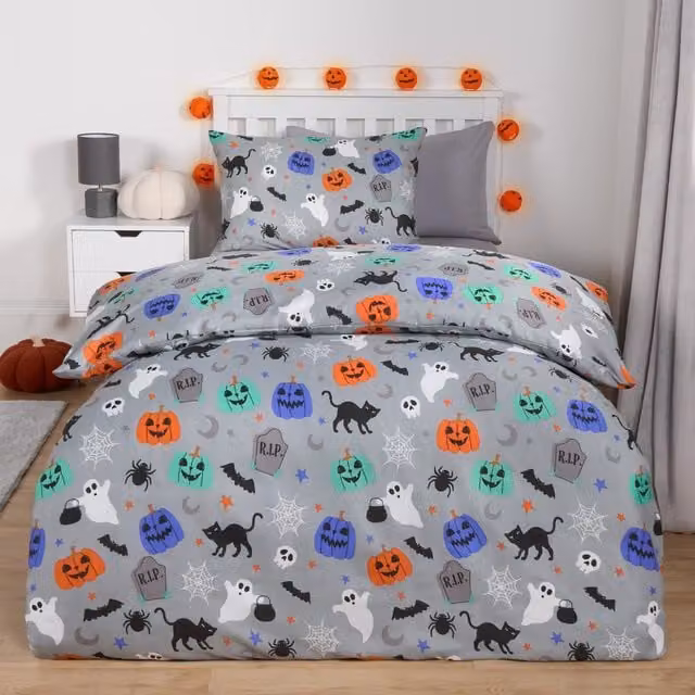 OHS Halloween Kids Graphic Duvet Cover and Pillowcase Bedding Set, Light Grey, 90 x 200 cm
