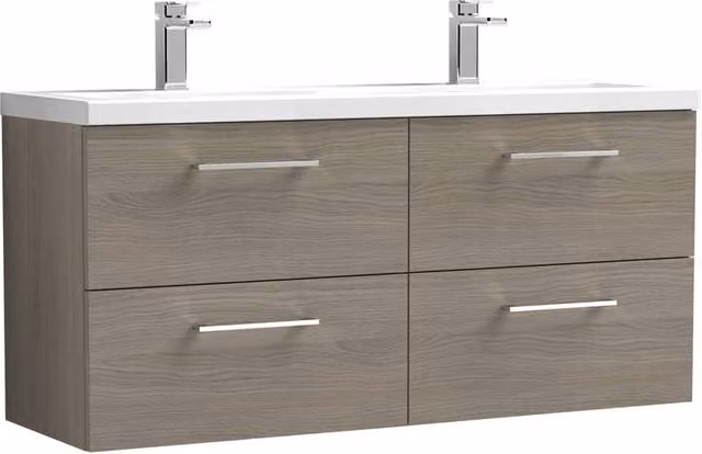 Balterley Solace Oak 1200mm Wall Hung Double Basin 4 Drawer Vanity Unit in Brown – 1
