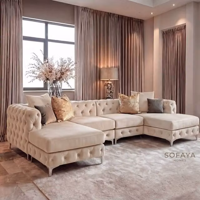 Sofaya Monaco 4 Seater Chesterfield U-Shaped Chaise Sofa in Beige Velvet