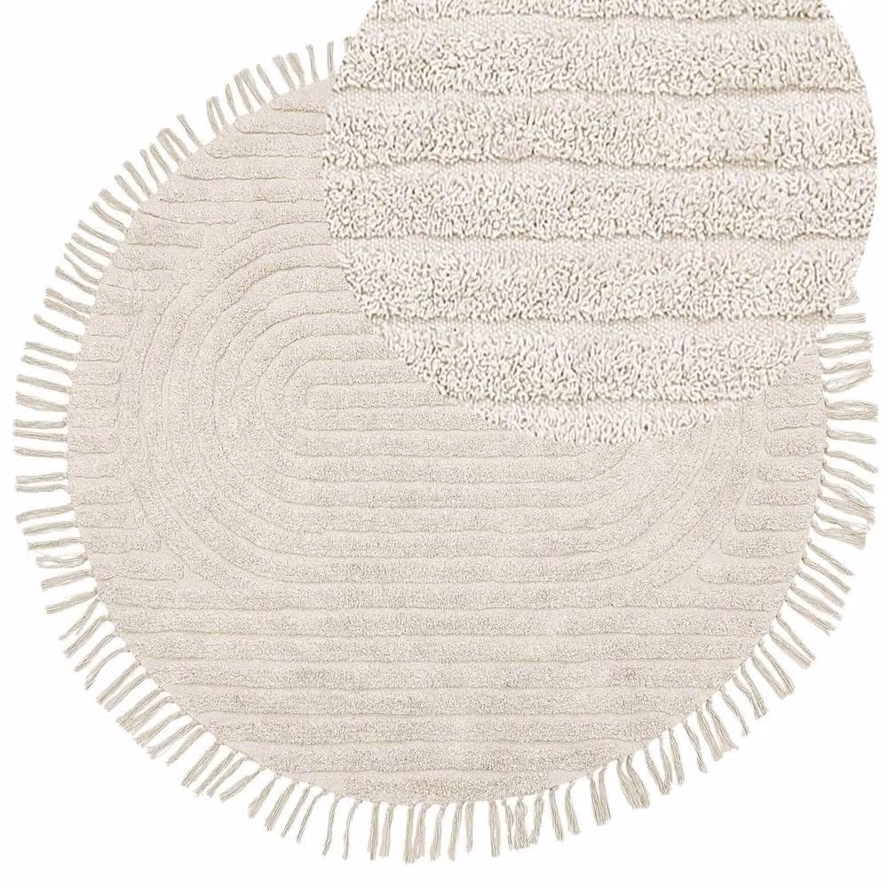 Wyld and Coco Beige Cotton Round Hand Tufted Rug with Fringes, Diameter: 140 cm – 2