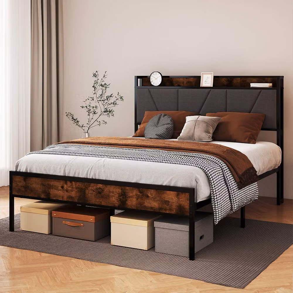 Levede Modern Upholstered Metal Bed Frame with Side Compartments and Bedside Shelf in Brown, W/D/H: 90.5 x 190 x 30 cm – 3