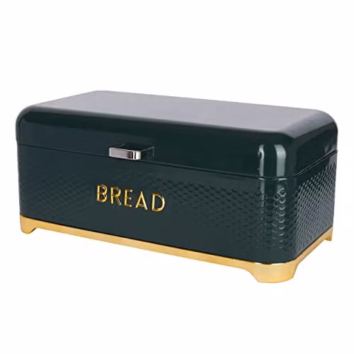KitchenCraft Textured Large Ventilated Bread Bin with Lid, Hunter Green and Gold, W: 41.5 cm, H: 18 cm, D: 18 cm