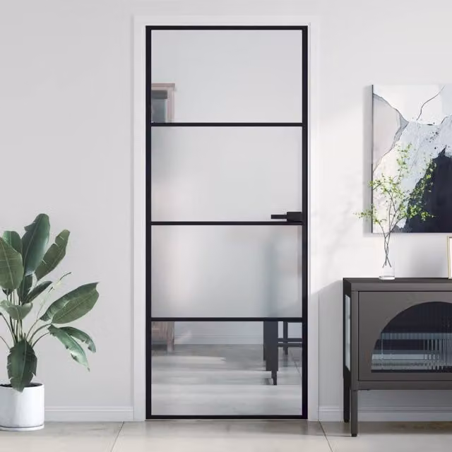 Berkfield Modern Slim Interior Door in Black with Transparent Tempered Glass and Aluminium, W: 83 cm, H: 201.5 cm