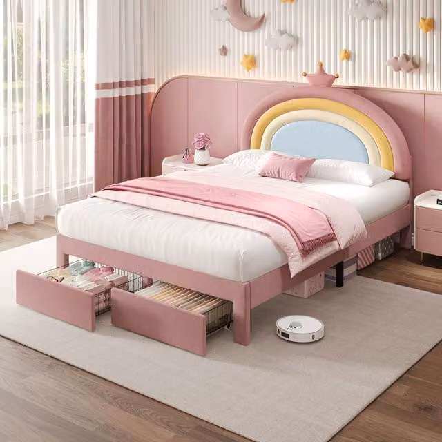 Matteo Pink Velvet Upholstered Rainbow Headboard With Crown for Childrens Bedroom, Double (140 x 200 cm) – 1