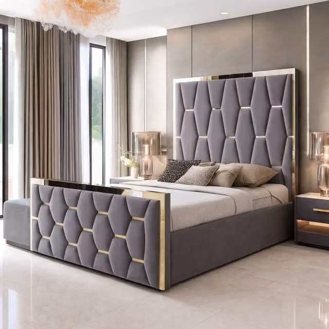 Paradise Beds Ltd Modern Upholstered Velvet Platform Bed Frame with Mirrored Headboard in Grey, Super King, 200 x 200 cm
