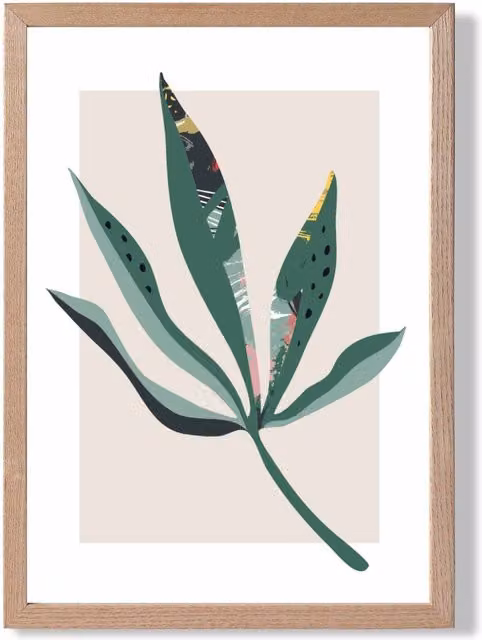 ARTZE Minimalist Palm Leaf Botanical Framed Print in Green and Red with Oak Wood Frame, A3