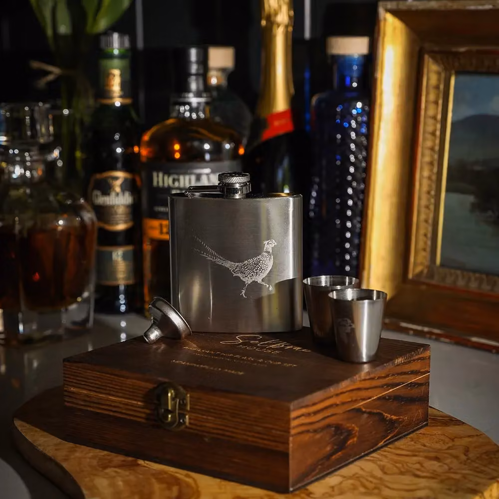 Selbrae House Stainless Steel Hip Flask and Shot Glass Set in Brown – 4