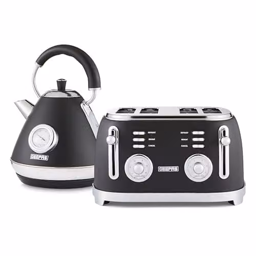GEEPAS Retrovive Kitchen Combo Set with 1.7L Electric Kettle and 4 Slice Bread Toaster in Black Stainless Steel