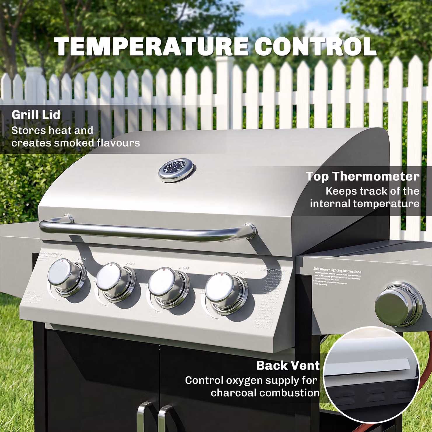 Outsunny 4+1 Burner Propane Gas BBQ Grill with Side Burner, 50000 BTU Steel Portable Barbecue with Built-in Thermometer, Warming Rack and Wheels – 5