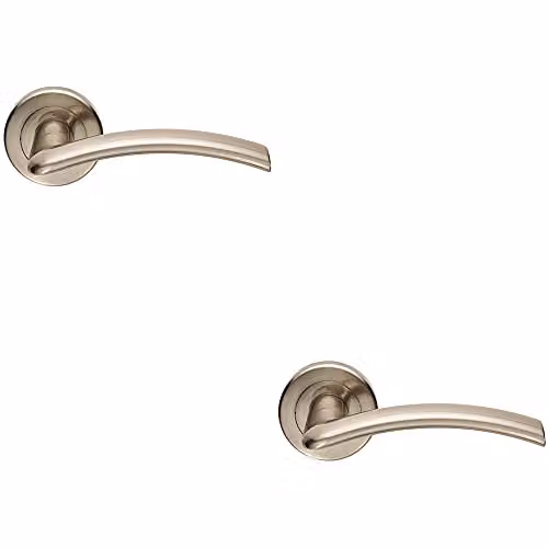 Loops Flat Arched Style Door Handle on Round Rose with Concealed Fix, Satin Nickel, 2 Pack