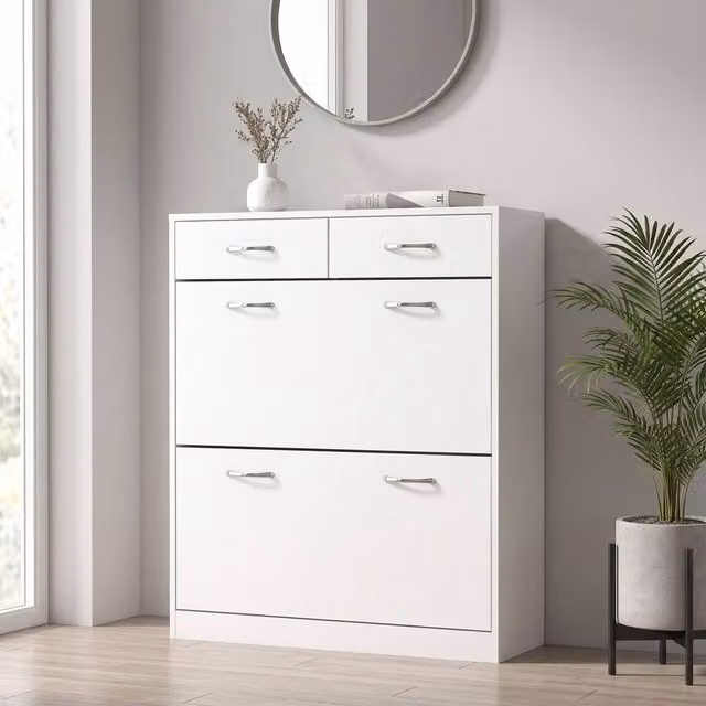 STILVORA Modern White Matt Shoe Cabinet with Tilting Compartments and Internal Shelves, W/D/H: 80 x 30 x 91.5 cm
