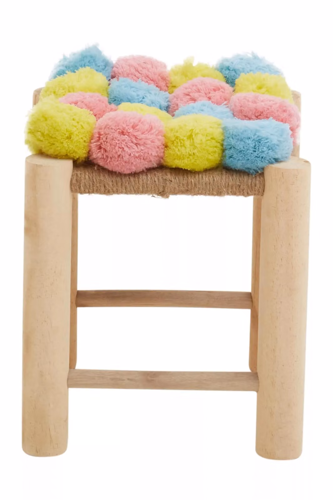 Orsina Pom Pom Stool in Grey, Beige and Pink with Wood Frame