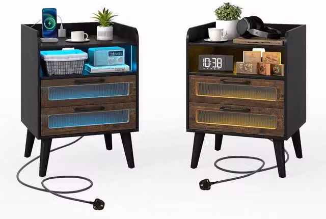 FORGEVIO Set of 2 Mid Century Modern Bedside Tables in Black