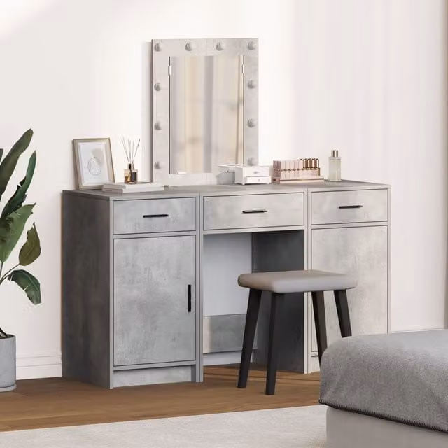 Berkfield Home 3 Piece Hollywood LED Dressing Table Set in Concrete Grey Engineered Wood – 1