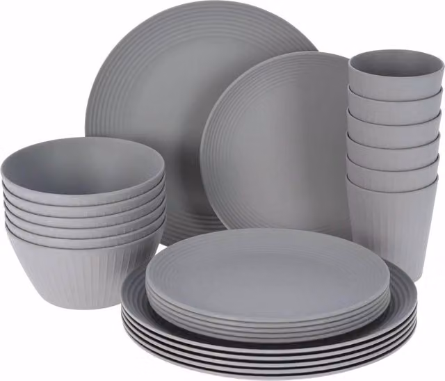 GEEZY 24 Piece Striped Picnic Tableware Set in Grey Melamine
