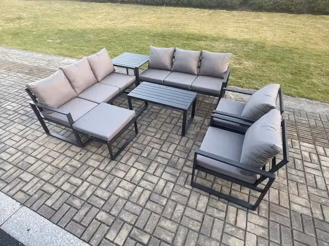 Fimous 9 Seater Aluminium Outdoor Garden Furniture Set in Dark Grey with U-Shape Sofa, Coffee Table and Ottoman