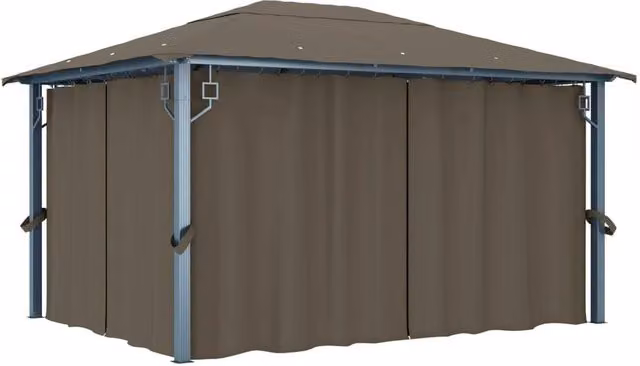 Berkfield Home Aluminium Gazebo with Curtains and LED String Lights, Taupe, W: 400 cm, D: 300 cm, H: 270 cm