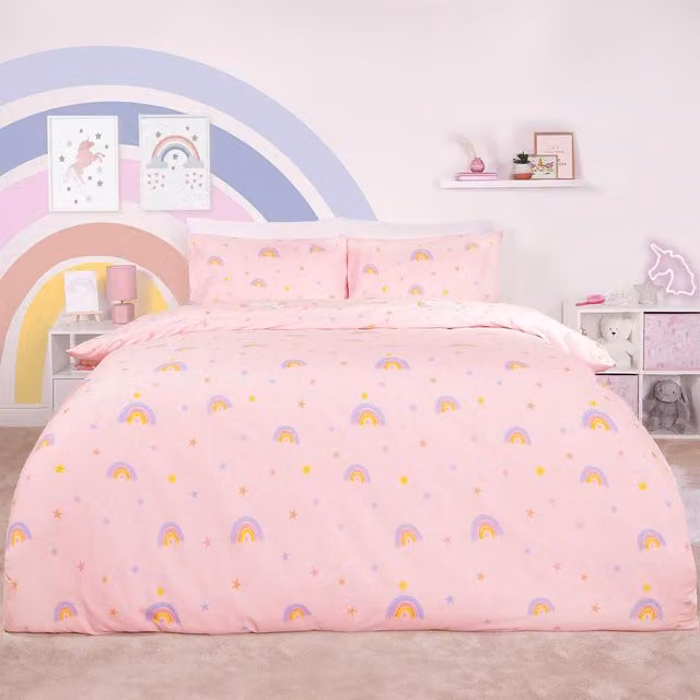 Dreamscene Junior Unicorn Star Reversible Duvet Cover and Pillowcase Set, Pink, W: 140 cm, L: 200 cm