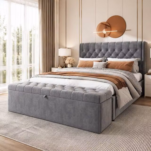 STILVORA Grey Velvet Upholstered Double Bed with Lift Up Storage Base W/D/H: 135 x 190 x 102.5 cm