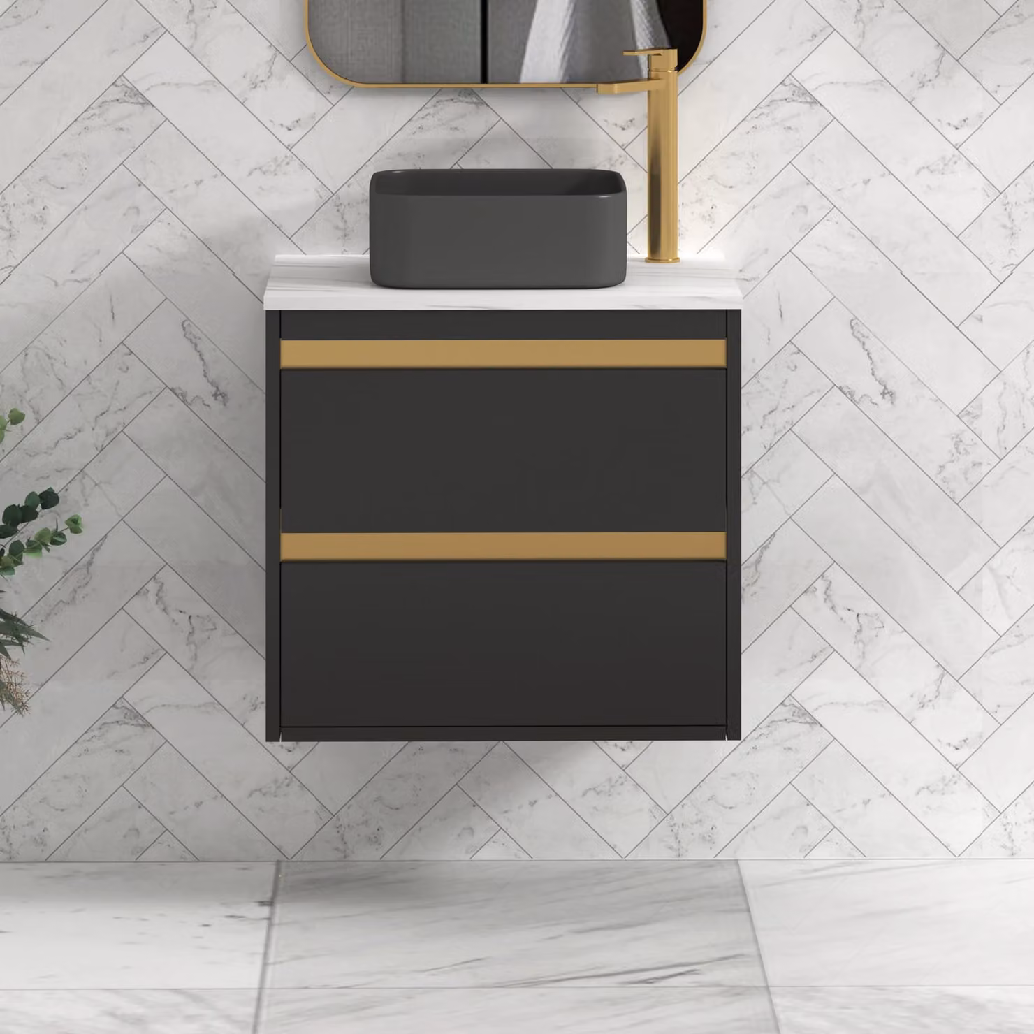 Royal Bathrooms Orion 800mm Matt Obsidian Black Wall Hung Countertop Vanity Unit with 2 Drawers, Art Square Basin and Brushed Brass Accent Trim