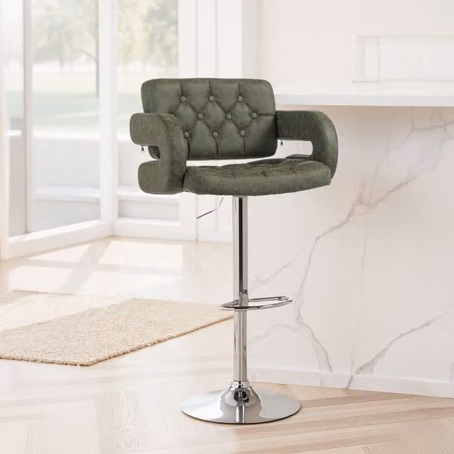 HOMCOM Height Adjustable Barstool with U-Shaped Armrests in Green