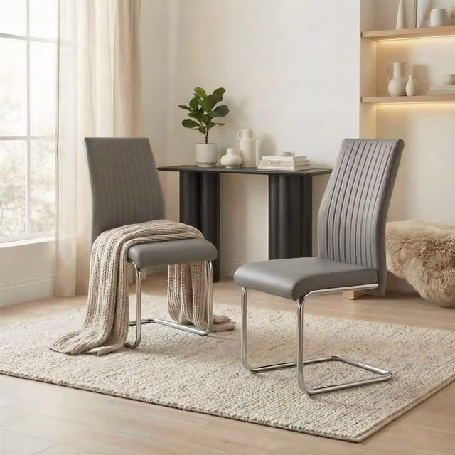 FurnitureboxUK Lorenzo Faux Leather Dining Chairs with Chrome Legs, Set of 2, Grey