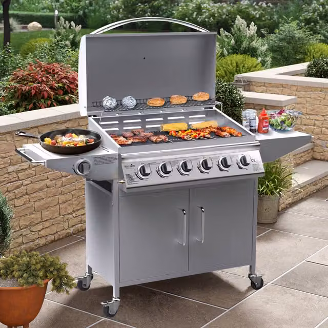 BillyOh Huntsville 6 Burner Gas BBQ with Side Burner and Cart in Silver