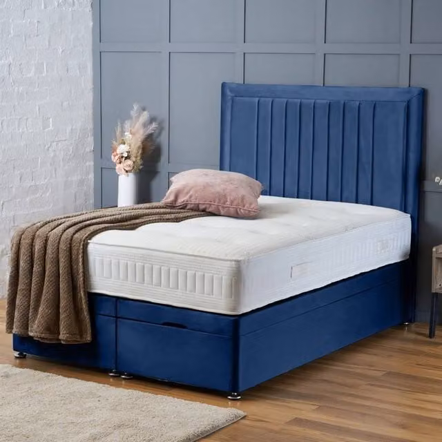 BSSPOKE Canes Ottoman Divan Bed with 54 inch Headboard in Blue Plush Velvet, W/D/H: 180 x 200 cm