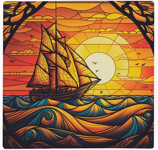 Purely Home Stained Glass Boat Large Square Glass Worktop Protector and Chopping Board in Gold and Multicolour