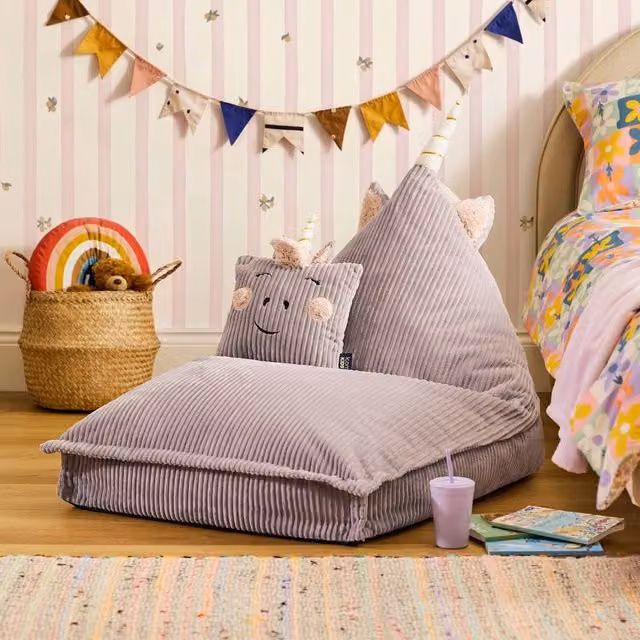 icon Kids Animal Print Bean Bag Lounger and Cushion Bundle in Lavender Corduroy – 1