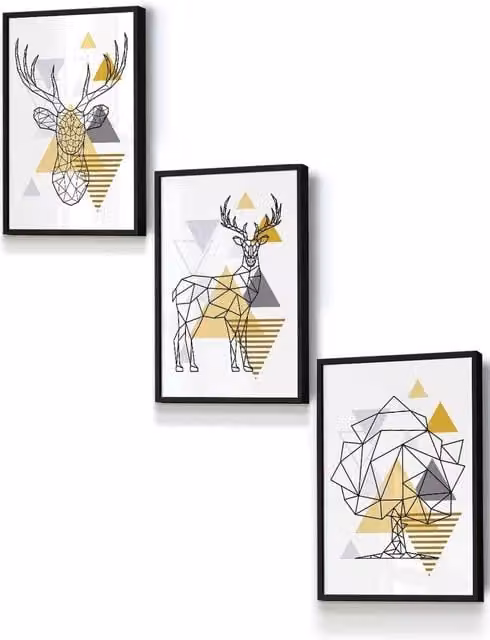 ARTZE Geometric Line Art Yellow Stags and Trees Framed Wall Art Set in Black, W: 33 cm, H: 45 cm, D: 2 cm