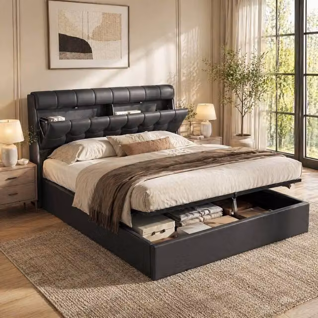 STILVORA Modern Upholstered Double Bed Frame with Hydraulic Lift-Up Storage in Black, W/D/H: 135 x 190 cm – 1