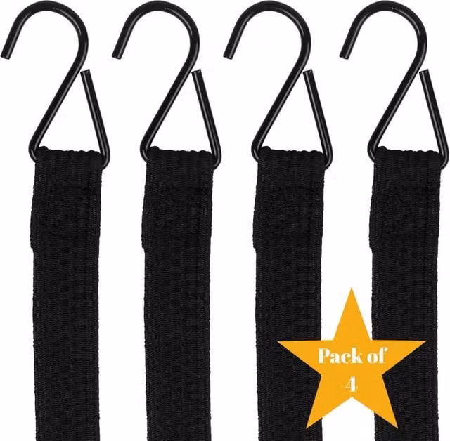 SPETLEK Pack of 4 Heavy Duty Unadjustable Bungee Straps with Steel Hooks, Black, W/D/H: 100 x 100 x 400 mm