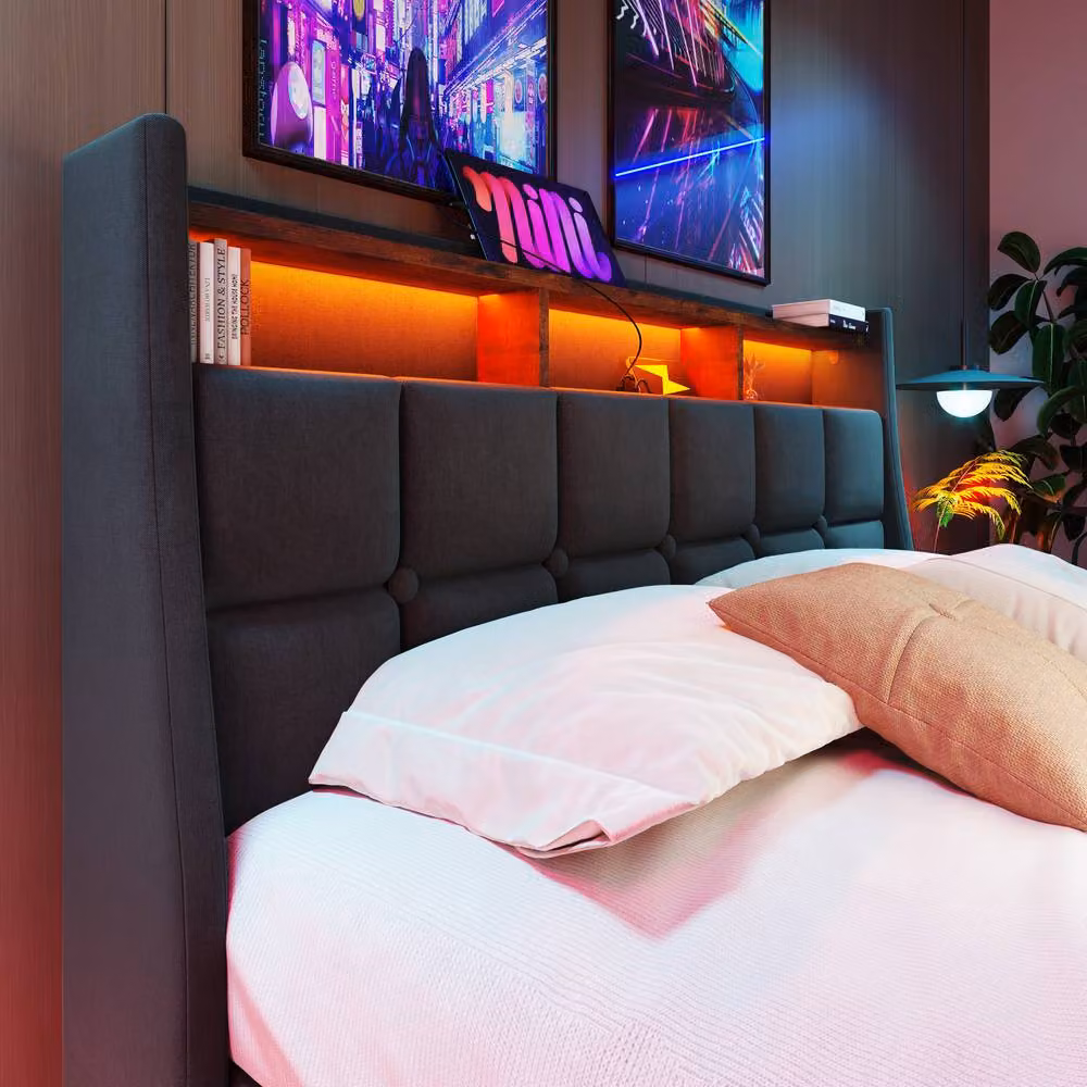 BTM Grey Fabric Upholstered Double Bed with LED Lighting and USB Charging Ports W/D/H: 140 x 200 x 117 cm – 8