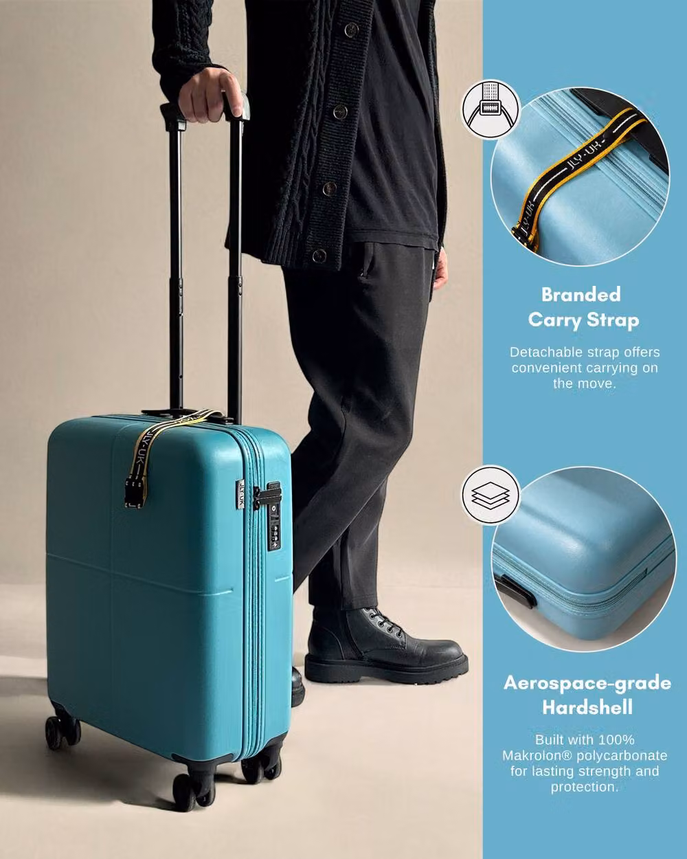 JLY Premium 100% Makrolon PC 2 Piece Suitcase Set including Vanity and Cabin Luggage in Bright Blue – 4
