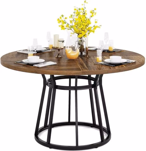 KORVIXA Round Kitchen and Dining Table with Metal Base in Brown