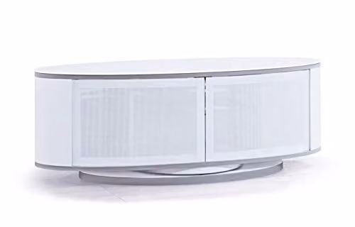 MDA Designs LUNA Gloss White Oval TV Cabinet with White Profiles and BeamThru Glass Doors, W/D/H: 115 x 47 x 41 cm – 4