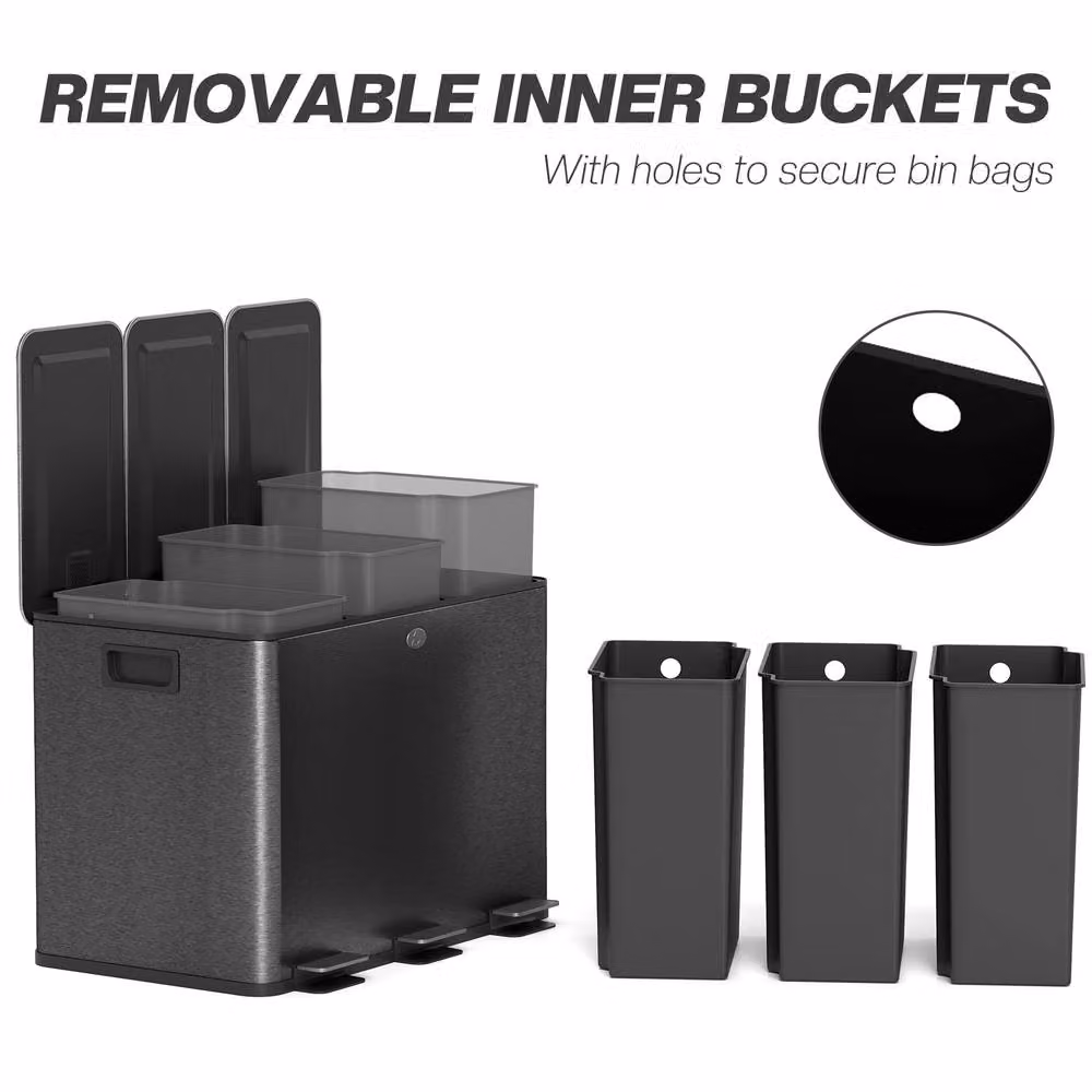 STILVORA Triple Pedal Bin, 3 x 20L, Black Stainless Steel with Soft Close and Odour Filter – 7