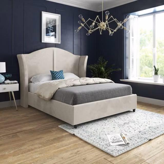 Casani Zampa Curved Top Winged Upholstered Soft Velvet Bed Frame in Beige, W/D/H: 137 x 128 x 200 cm